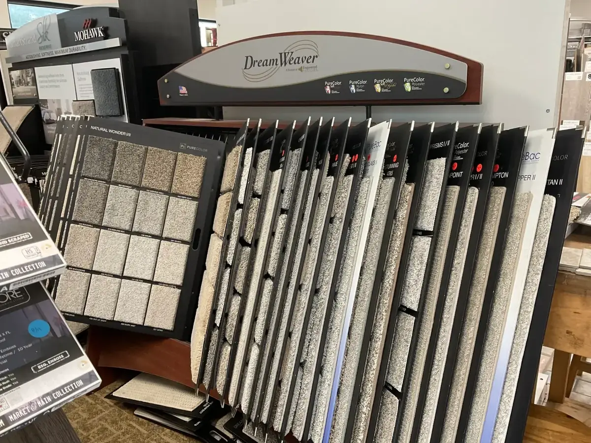 Flooring and carpet sample racks in the showroom